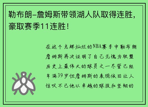 勒布朗-詹姆斯带领湖人队取得连胜，豪取赛季11连胜！
