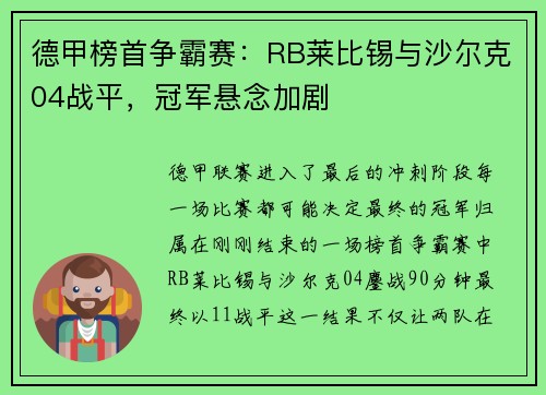 德甲榜首争霸赛：RB莱比锡与沙尔克04战平，冠军悬念加剧