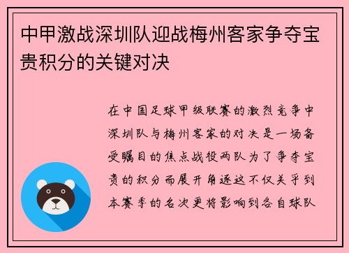 中甲激战深圳队迎战梅州客家争夺宝贵积分的关键对决