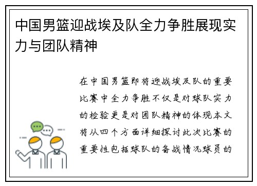 中国男篮迎战埃及队全力争胜展现实力与团队精神