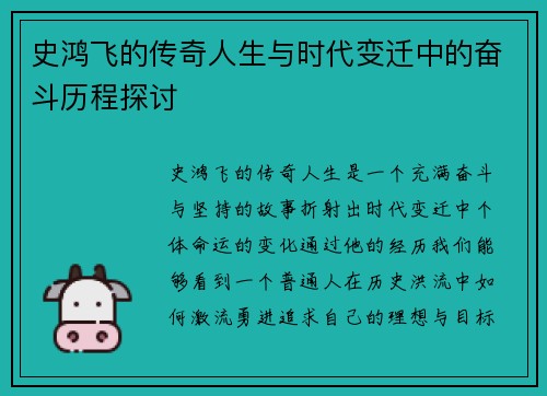 史鸿飞的传奇人生与时代变迁中的奋斗历程探讨