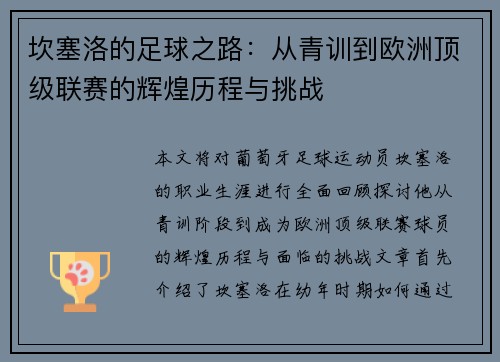 坎塞洛的足球之路：从青训到欧洲顶级联赛的辉煌历程与挑战