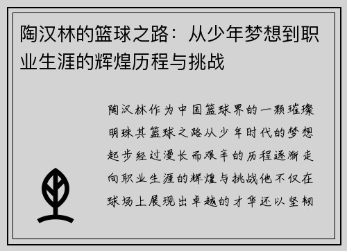 陶汉林的篮球之路：从少年梦想到职业生涯的辉煌历程与挑战