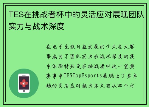 TES在挑战者杯中的灵活应对展现团队实力与战术深度