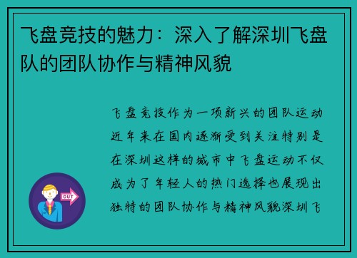飞盘竞技的魅力：深入了解深圳飞盘队的团队协作与精神风貌