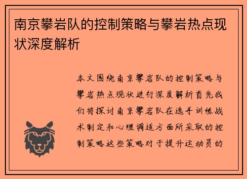 南京攀岩队的控制策略与攀岩热点现状深度解析