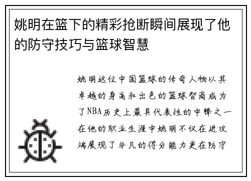 姚明在篮下的精彩抢断瞬间展现了他的防守技巧与篮球智慧