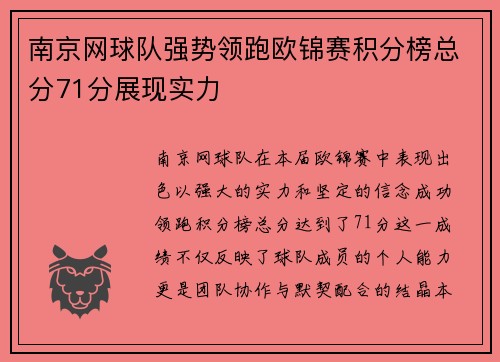 南京网球队强势领跑欧锦赛积分榜总分71分展现实力